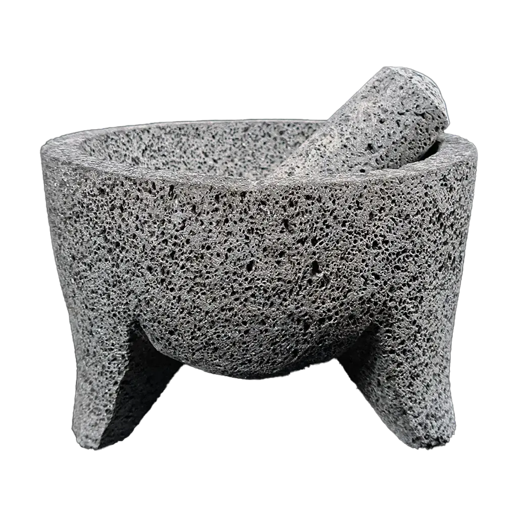 Molcajete Artesanal de Piedra Volcánica Negra de 8 Pulgadas con Temolote