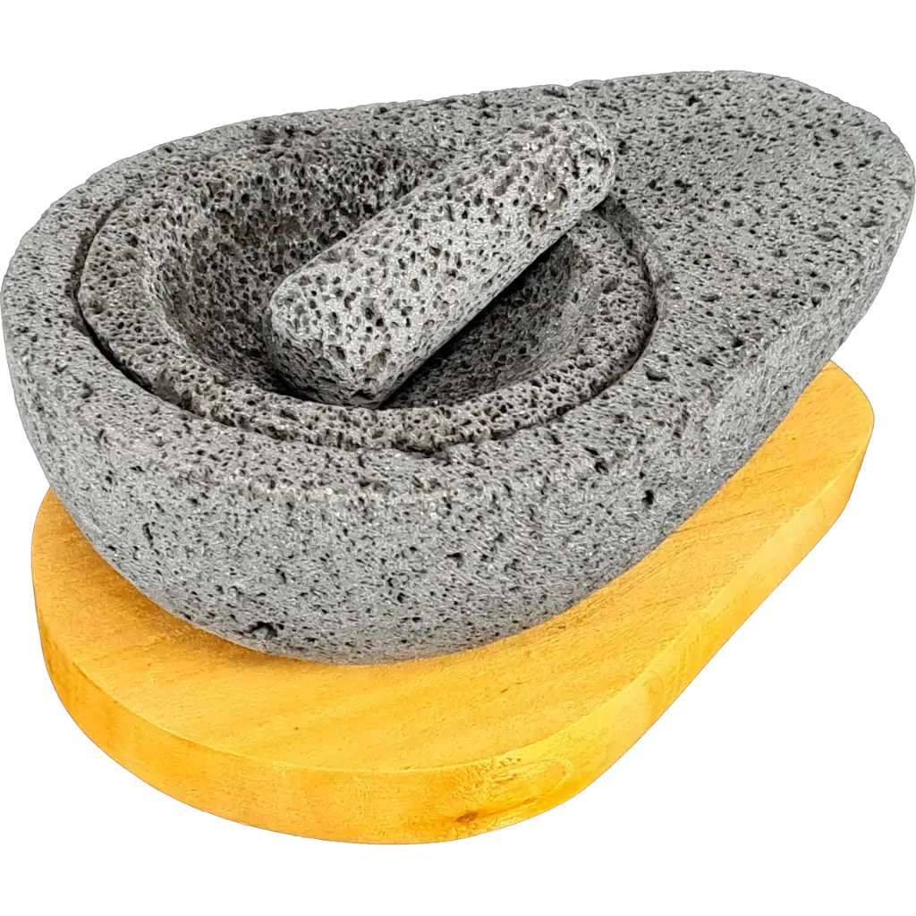 Molcajete de Aguacate de Piedra Volcánica con Base de Madera de Cedro