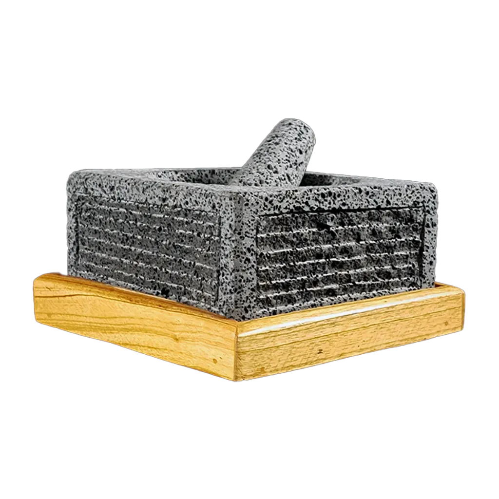Molcajete de Piedra Volcánica Cuadrado Nahui de 8 Pulgadas con Pedestal de Cedro Rojo