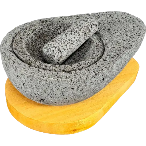 [MAMBM] Molcajete de Aguacate de Piedra Volcánica con Base de Madera de Cedro